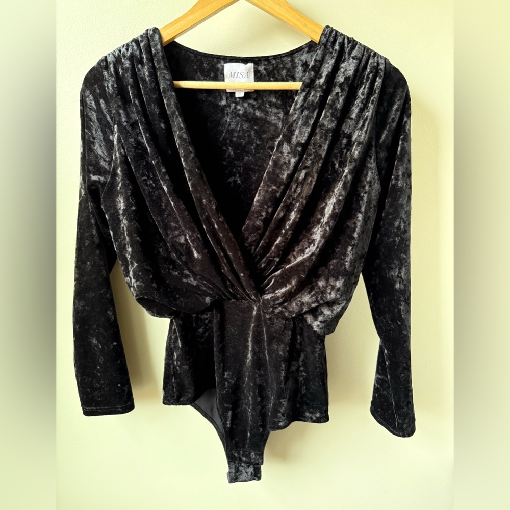 MISA LOS ANGELES Mirela Crushed Velvet Bodysuit Top‎ Whimsigoth Black Deep V S